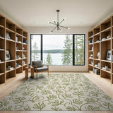 Cream Green Botanical Leaf Vine Area Rug