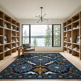 Navy Blue Traditional Persian Floral Rug with Gold Accents