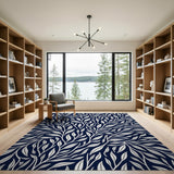 Navy Blue White Leaf Foliage Area Rug