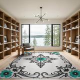 Teal Daisy Ornate Black Filigree Area Rug