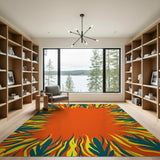 Vibrant Orange Teal Flame Leaf Border Area Rug