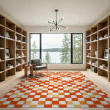 Vibrant Red-Orange Geometric Checkered Area Rug