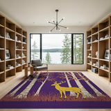 Golden Deer in Purple Birch Forest Rug