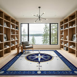 ODIKA Washable Nautical Compass Area Rug - Navy Blue & Gold Vintage Low Pile, Non-Slip Pet & Kid Friendly