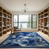 Navy Blue Chinoiserie Pagoda Peony Rug