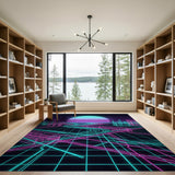 ODIKA Retro Synthwave Neon Grid Washable Area Rug - 80s Cyberpunk Non-Slip Low Pile Decor