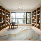 ODIKA Washable Abstract Marble Area Rug - Modern Gold and Cream Low Pile Non-Slip Floor Mat
