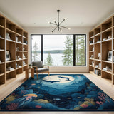 ODIKA Moonlit Whale & Jellyfish Washable Area Rug - Undersea Dream Low Pile Non-Slip Carpet