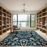 Blue and Teal Intricate Blue Mandala Floral Area Rug