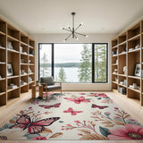 Pink Butterfly Floral Peony Area Rug