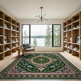 Green Emerald Green Blush Pink Floral Vintage Rug