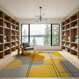 ODIKA Washable Abstract Geometric Area Rug - Mustard Yellow & Grey Modern Low Pile Non-Slip Carpet
