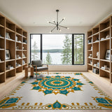 Blue and Teal Teal Gold Mandala Persian Area Rug