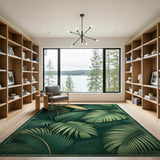 Emerald Green Palm Leaf Area Rug with Gold Frame