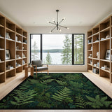ODIKA Dark Green Fern Botanical Washable Low Pile Area Rug
