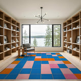 Vibrant Geometric Grid Area Rug in Blue, Orange Pink