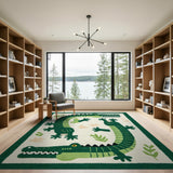 Kids Cartoon Playful Green Crocodile Kids Area Rug