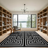 Black White Geometric Labyrinth Area Rug