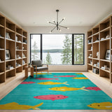 Playful Cartoon Fish Teal Area Rug