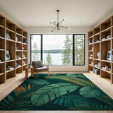 Washable Tropical Botanical Palm Leaf Area Rug - Dark Green Low Pile
