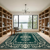 Ornate Dark Green Floral Border Area Rug