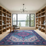 Vibrant Persian Medallion Area Rug in Blues and Pinks