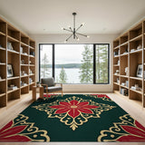 Red Poinsettia on Emerald Green Persian Rug