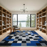 Modern Blue Grey Geometric Patchwork Area Rug