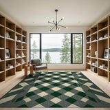 Green Cream Geometric Checkered Area Rug