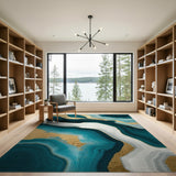 Abstract Blue Teal Gold Flow Area Rug