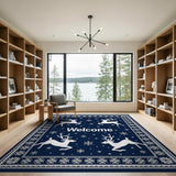 Navy Blue Reindeer Welcome Rug with Snowflakes