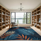 Teal Orange Palm Leaf Navy Area Rug