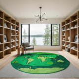 Round Green World Map Kids Area Rug