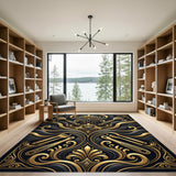 Luxury Black Gold Fork Ornate Area Rug
