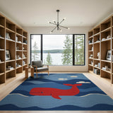 Playful Red Whale Blue Ocean Waves Rug