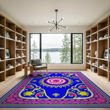 Vibrant Blue Persian Rug with Pink Sunburst Medallion