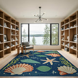 Navy Blue Seashell Starfish Coastal Rug