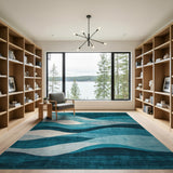 Teal Blue Cascading Waves Abstract Area Rug