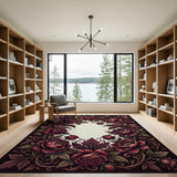 Deep Red Rose Peony Floral Area Rug