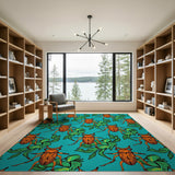 Teal Orange Beetle Leaf Pattern Area Rug