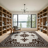 Ornate Brown Floral Border Area Rug