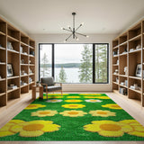 Vibrant Yellow Daisy Shag Area Rug on Green