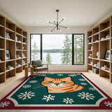 Festive Orange Tabby Cat Snowflakes Area Rug
