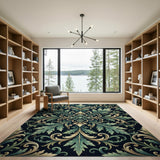 Ornate Teal Gold Baroque Leaf Rug