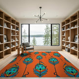 Vibrant Orange Peacock Feather Pattern Area Rug