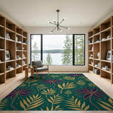Emerald Green Purple Star Flowers Gold Leaf Rug