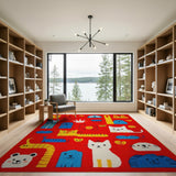 Playful Cartoon Cats Animals Red Kids Rug