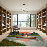Serene Mountain Lake Cabin Canoe Area Rug