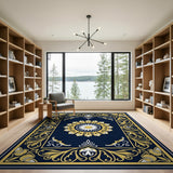 Navy Blue Gold Mandala Floral Area Rug