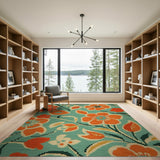 Vibrant Orange Blooms Teal Floral Area Rug